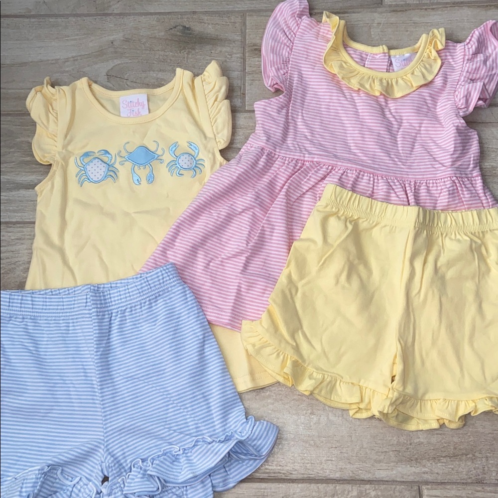 Stitchy Fish Girls 5T Summer Short Sets Crabs Yellow Blue Pink Stripes Ruffles